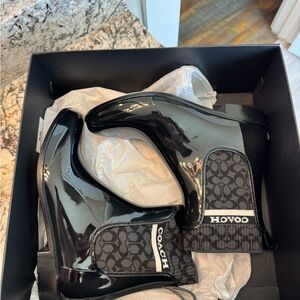 Coach Black Patent Ankle Rain Booties with Signature Logo Panel